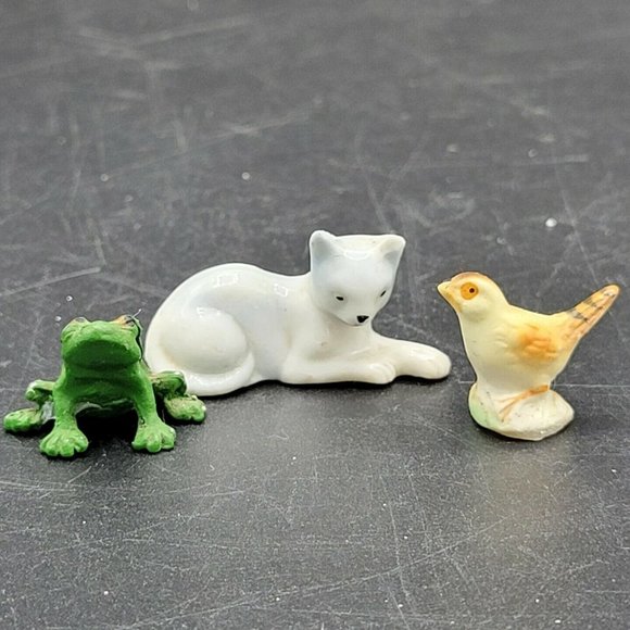 Minature Porcelain Cat, Bird And Frog Vintage Lot Of 3 - Picture 1 of 9